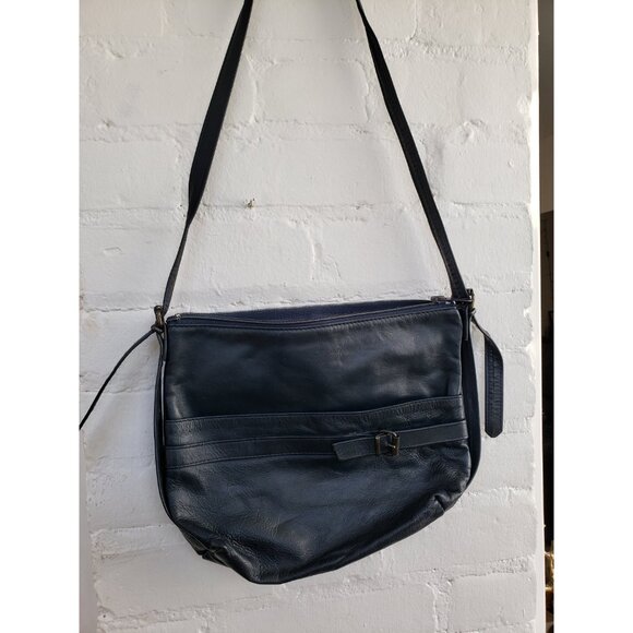 Dark Blue Leather Shoulder Bag with front Buckle and Pouch Vintage Leather Purse - Picture 6 of 10